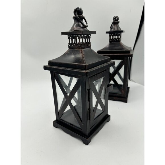2 Metal and Glass Candle Lanterns Oil Rubbed Bronze New 10" x 4" Votive Candle h - Picture 10 of 14